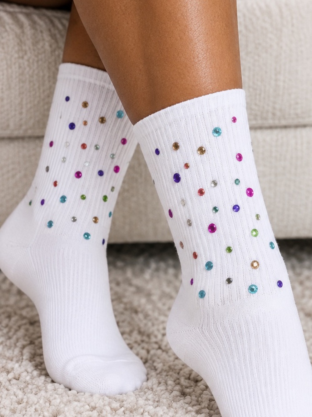 White Multicolor Rhinestone Crew Socks